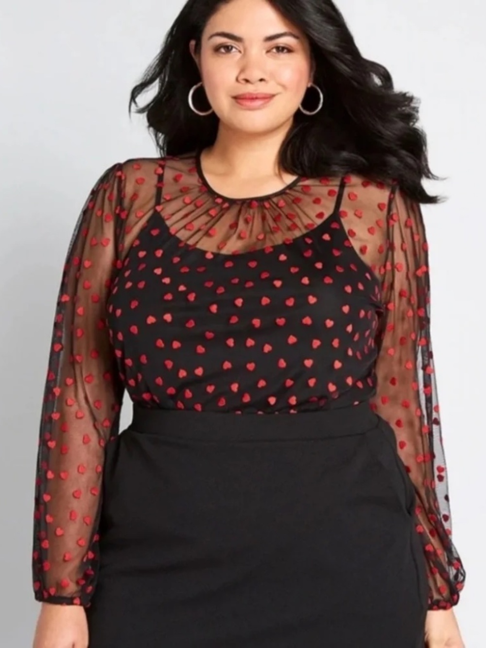 Modcloth Dazzle Do It Blouse Sheer Black Red Heart Embroidered Size Small